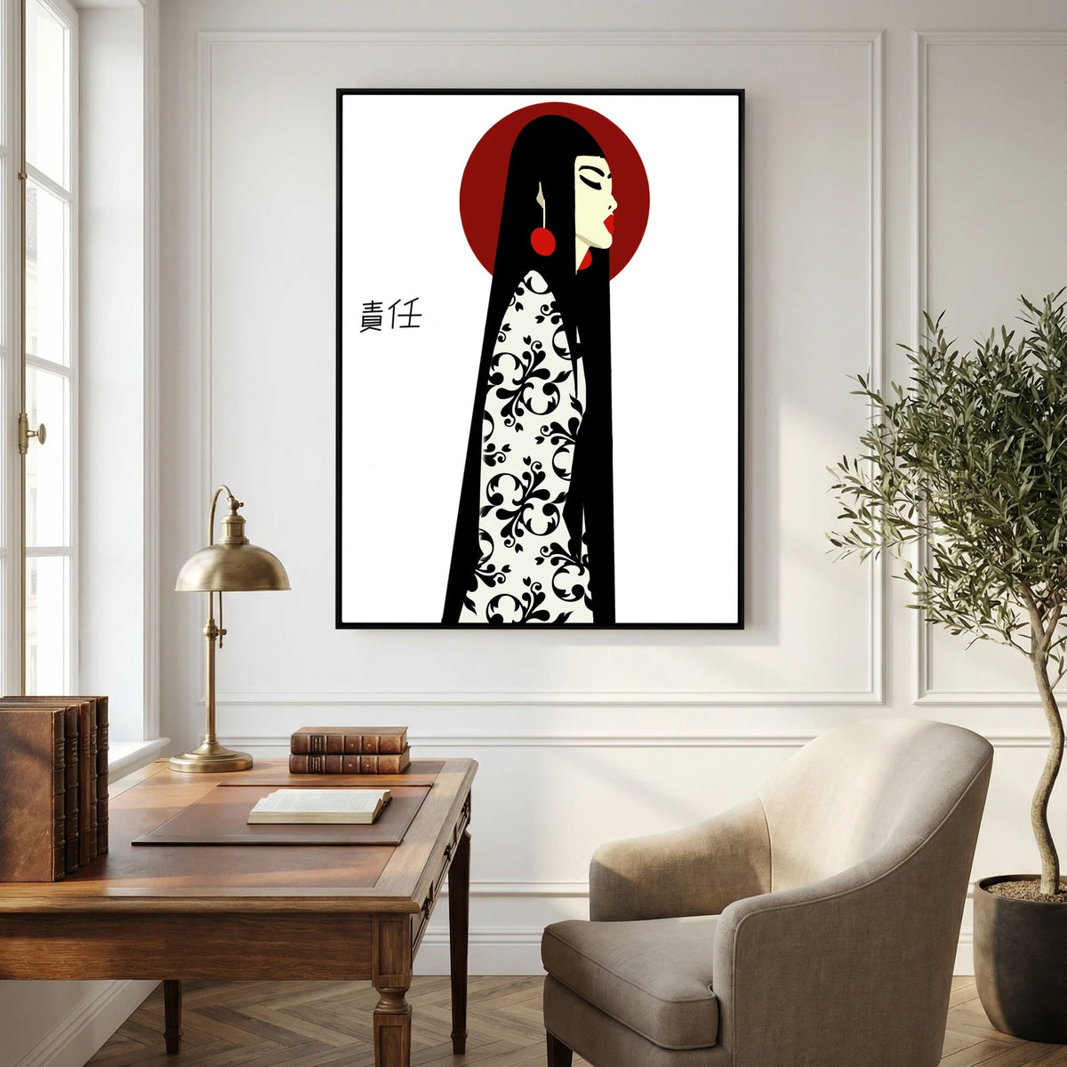 Asian Elegance Stretched Canvas Geisha Profile Art with Red Halo