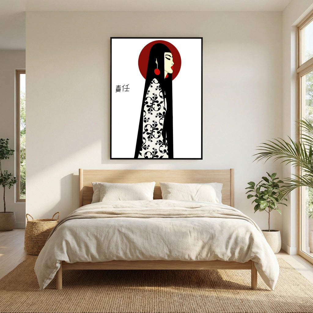 Asian Elegance Stretched Canvas Geisha Profile Art with Red Halo