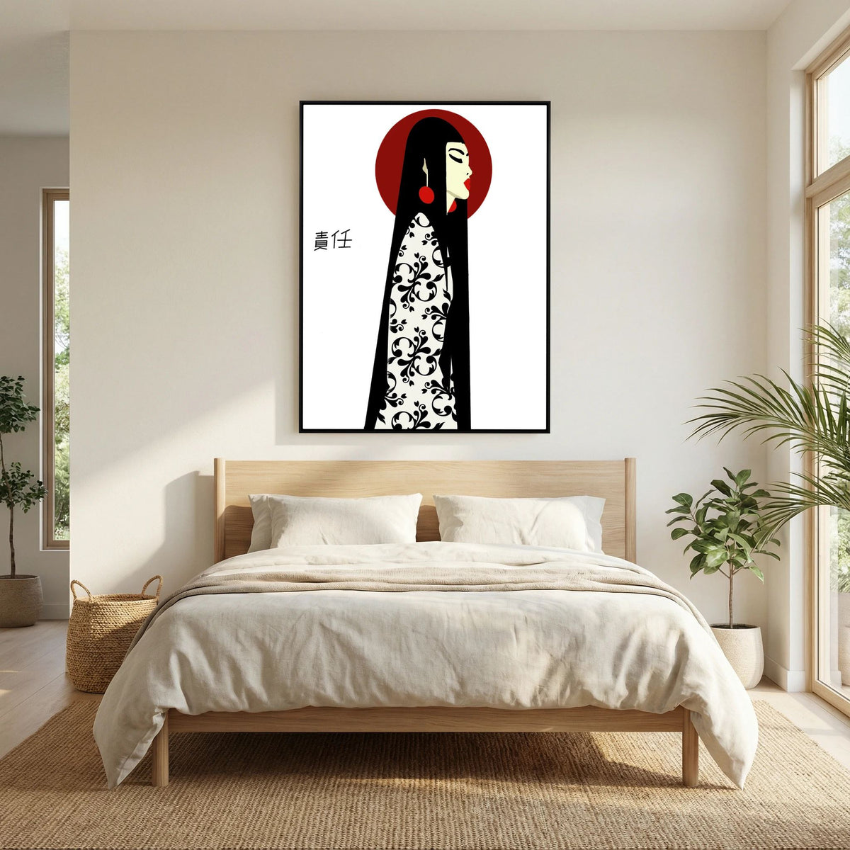 Asian Elegance Stretched Canvas Geisha Profile Art with Red Halo