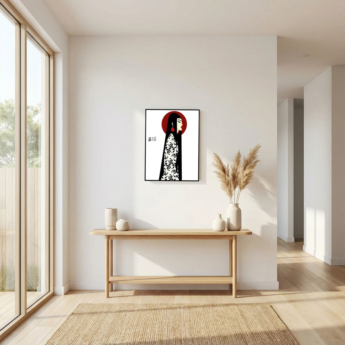 Asian Elegance Stretched Canvas Geisha Profile Art with Red Halo