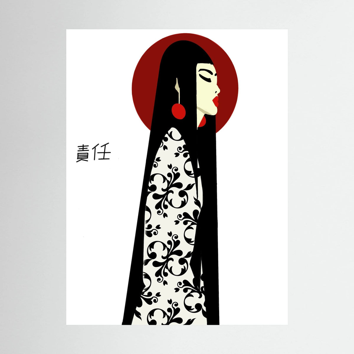 Asian Elegance Stretched Canvas Geisha Profile Art with Red Halo