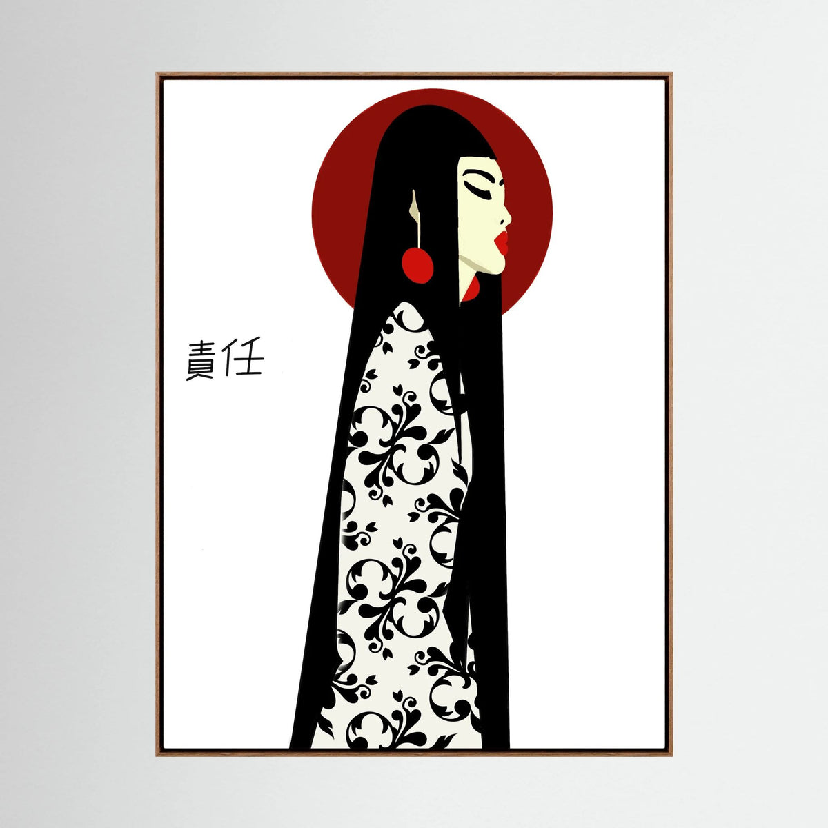Asian Elegance Stretched Canvas Geisha Profile Art with Red Halo