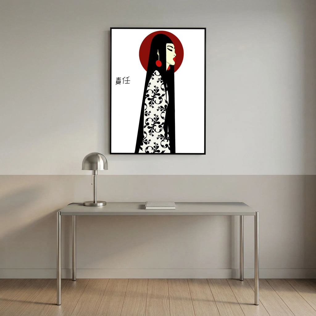 Asian Elegance Stretched Canvas Geisha Profile Art with Red Halo