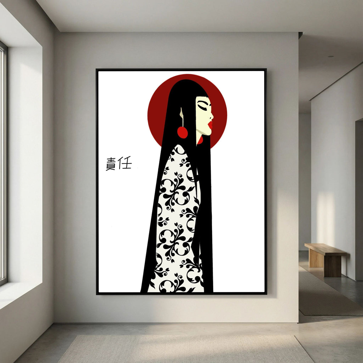 Asian Elegance Stretched Canvas Geisha Profile Art with Red Halo