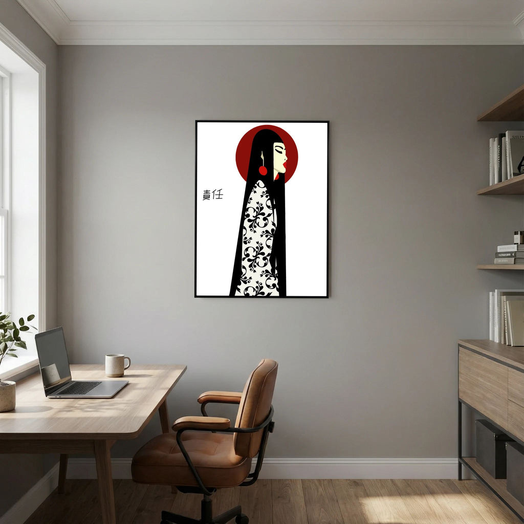 Asian Elegance Stretched Canvas Geisha Profile Art with Red Halo