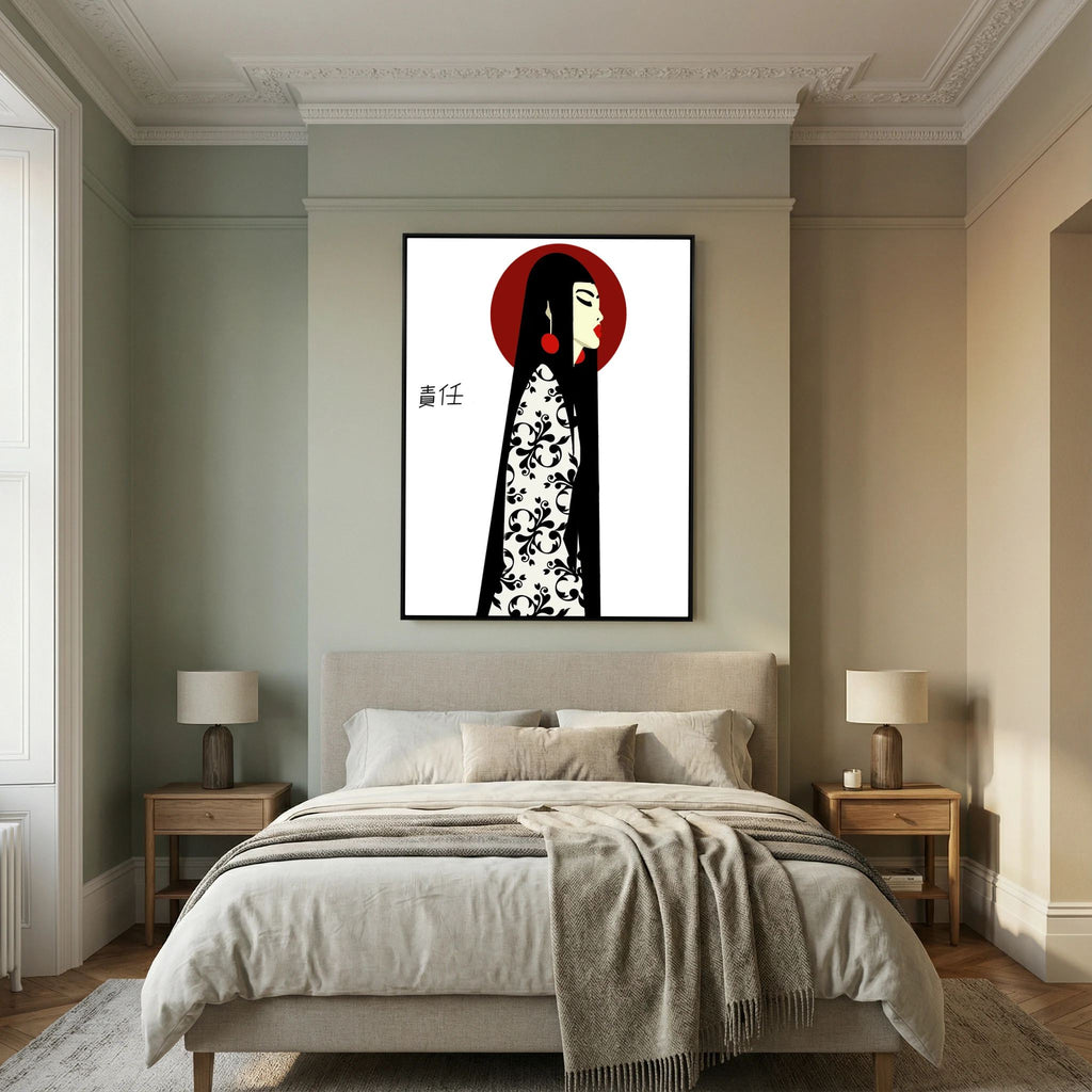 Asian Elegance Stretched Canvas Geisha Profile Art with Red Halo