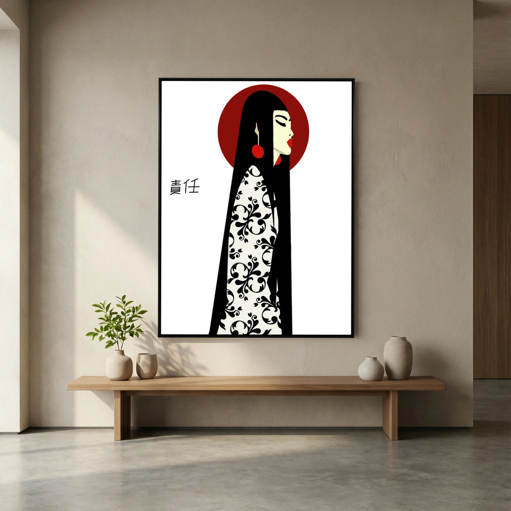 Asian Elegance Stretched Canvas Geisha Profile Art with Red Halo