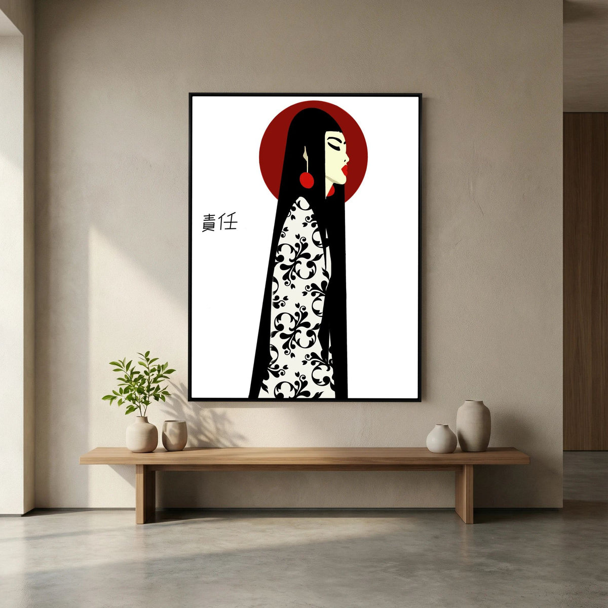 Asian Elegance Stretched Canvas Geisha Profile Art with Red Halo