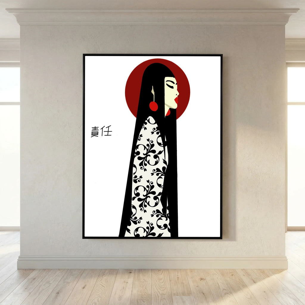 Asian Elegance Stretched Canvas Geisha Profile Art with Red Halo
