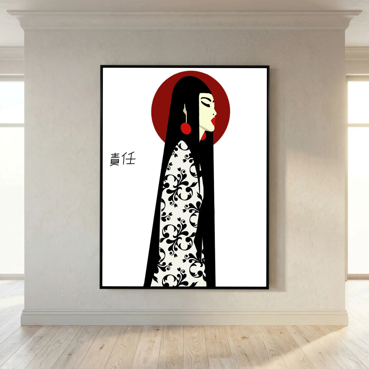 Asian Elegance Stretched Canvas Geisha Profile Art with Red Halo