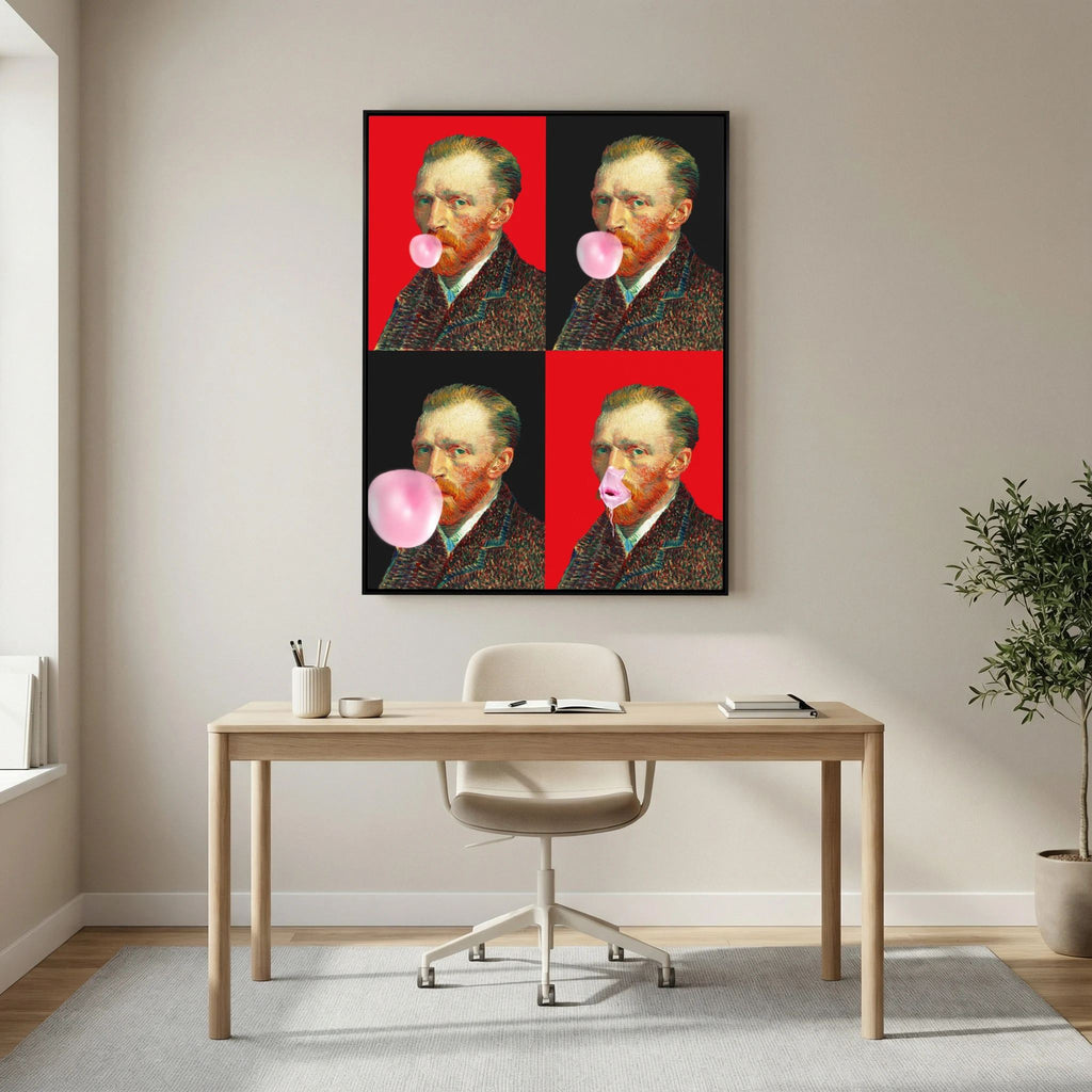 Vincent Gum Explosion pop-art canvas wall art by Dikhotomy featuring four Van Gogh portraits blowing pink bubblegum