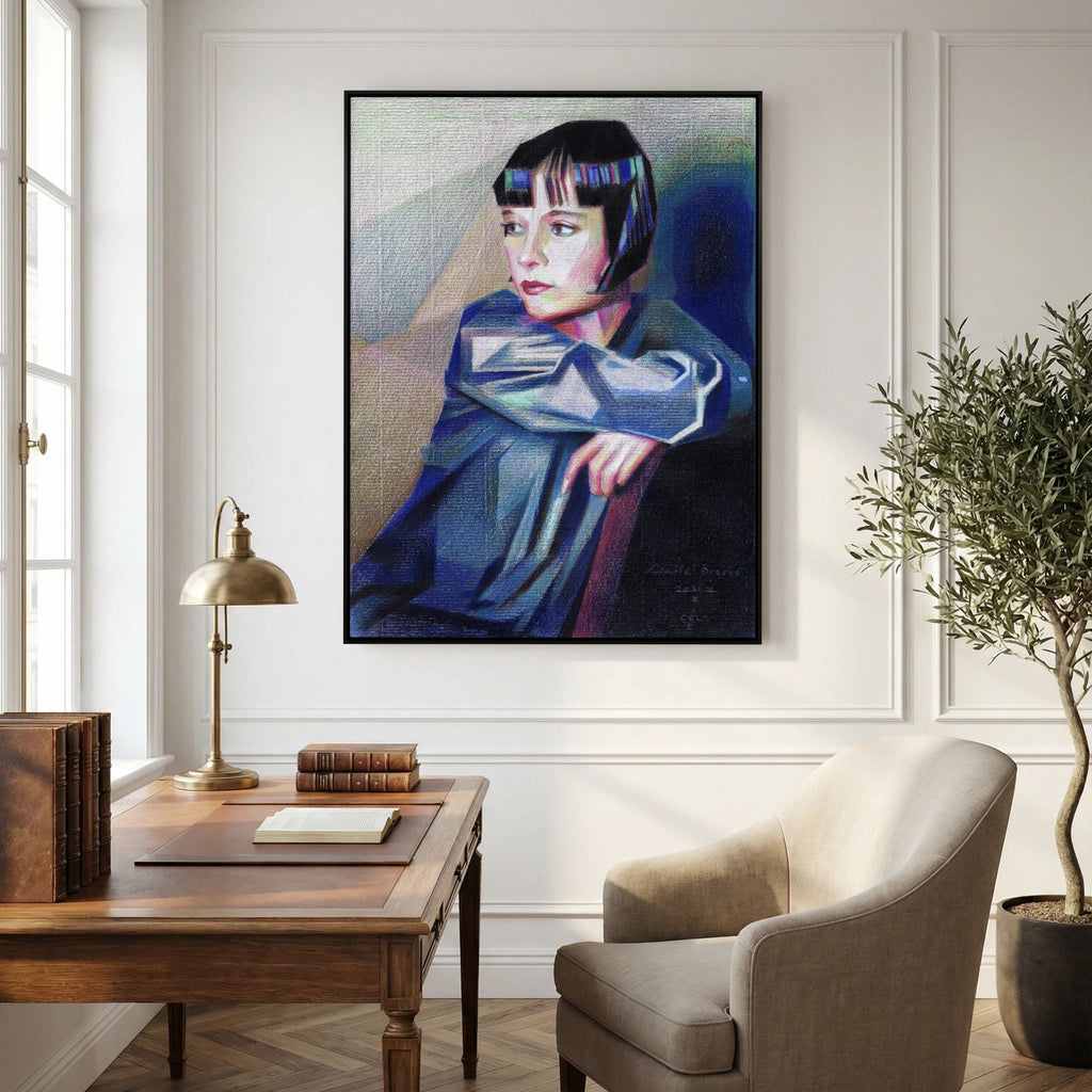 Lulu by Corné Akkers canvas wall art depicting silent film star Louise Brooks with a iconic bob cut in rich blue and purple tones