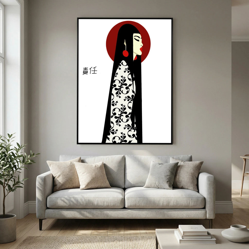 Asian Elegance Stretched Canvas Geisha Profile Art with Red Halo