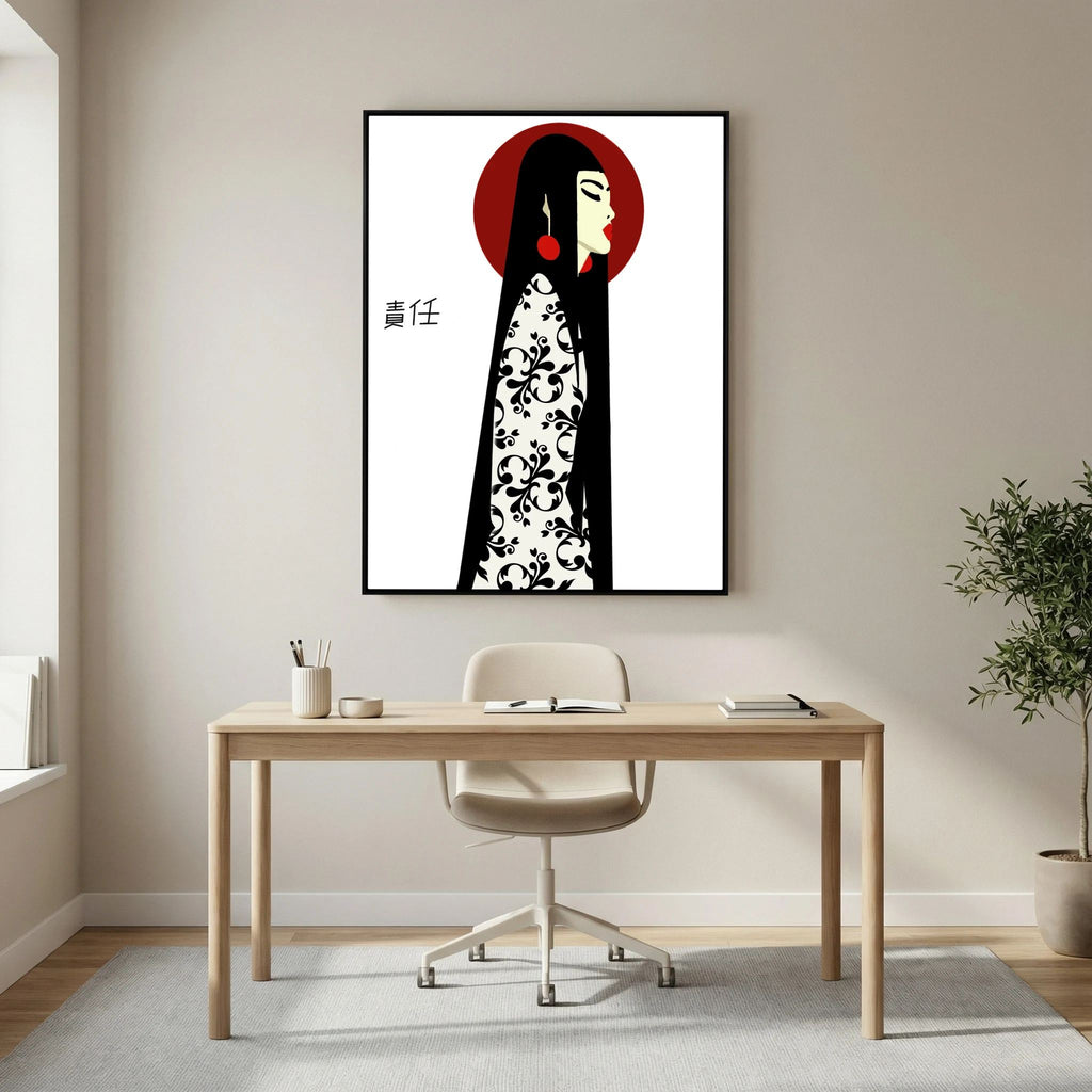 Asian Elegance Stretched Canvas Geisha Profile Art with Red Halo