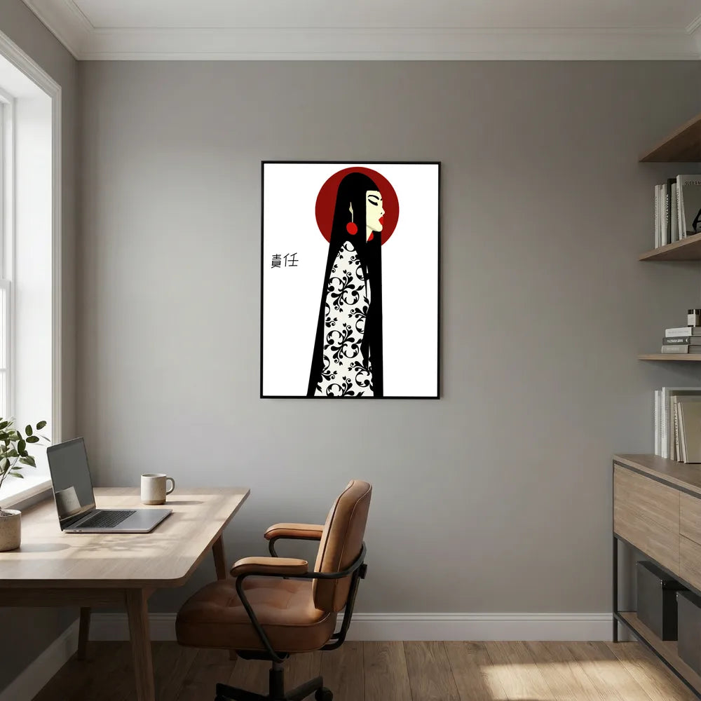 Asian Elegance Stretched Canvas  Geisha Profile Art with Red Halo