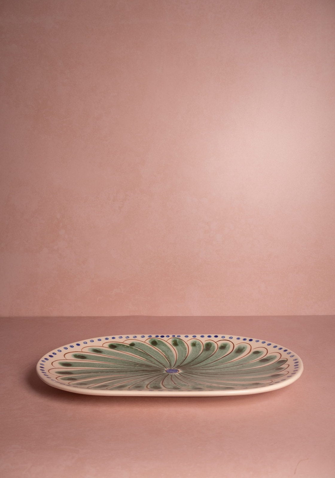 Peacock Green Oval Serving Plate Hand-Painted Portuguese Ceramic Platter